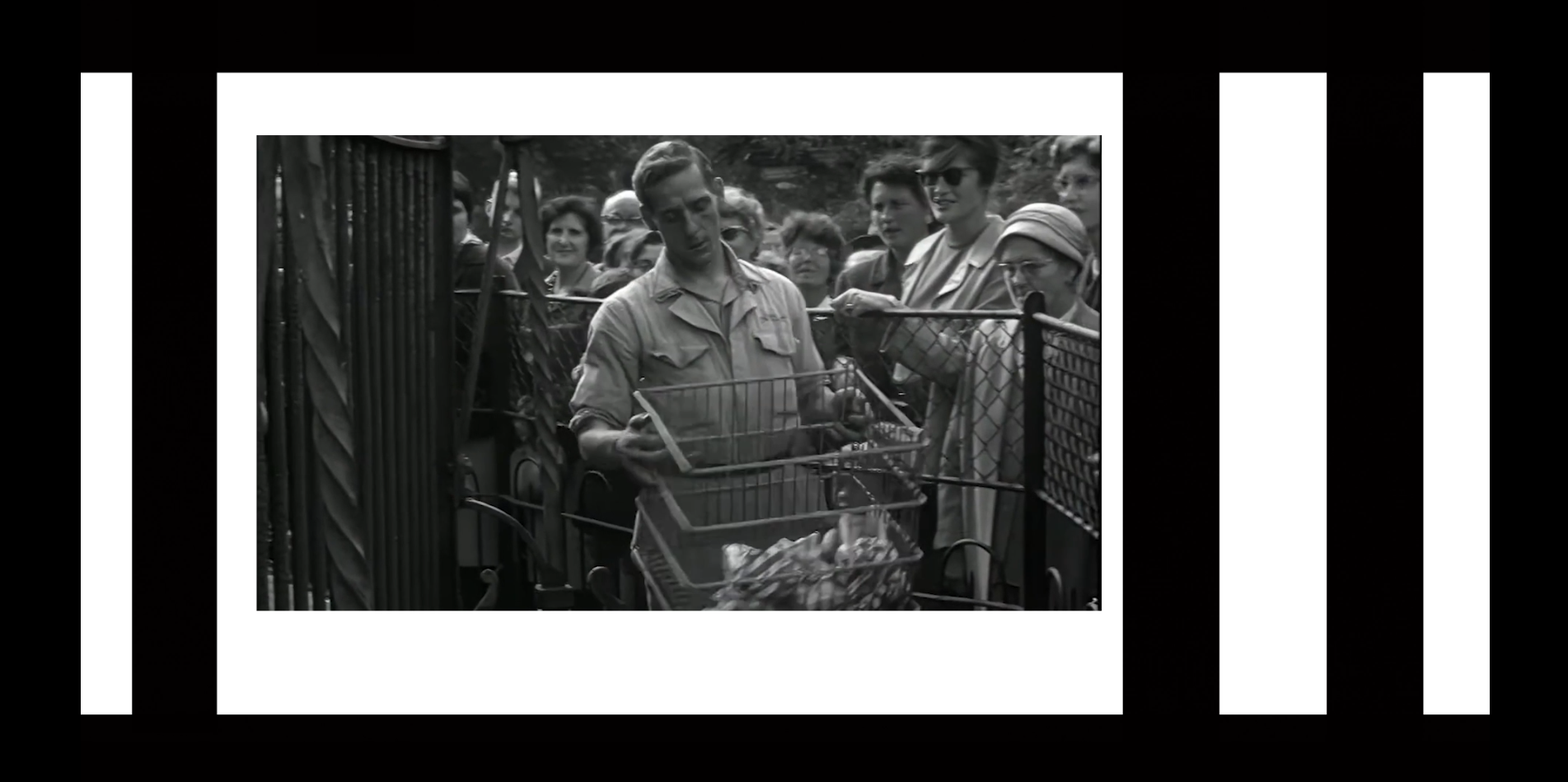 Zoo visitors framed within the visual structure of the title sequence.